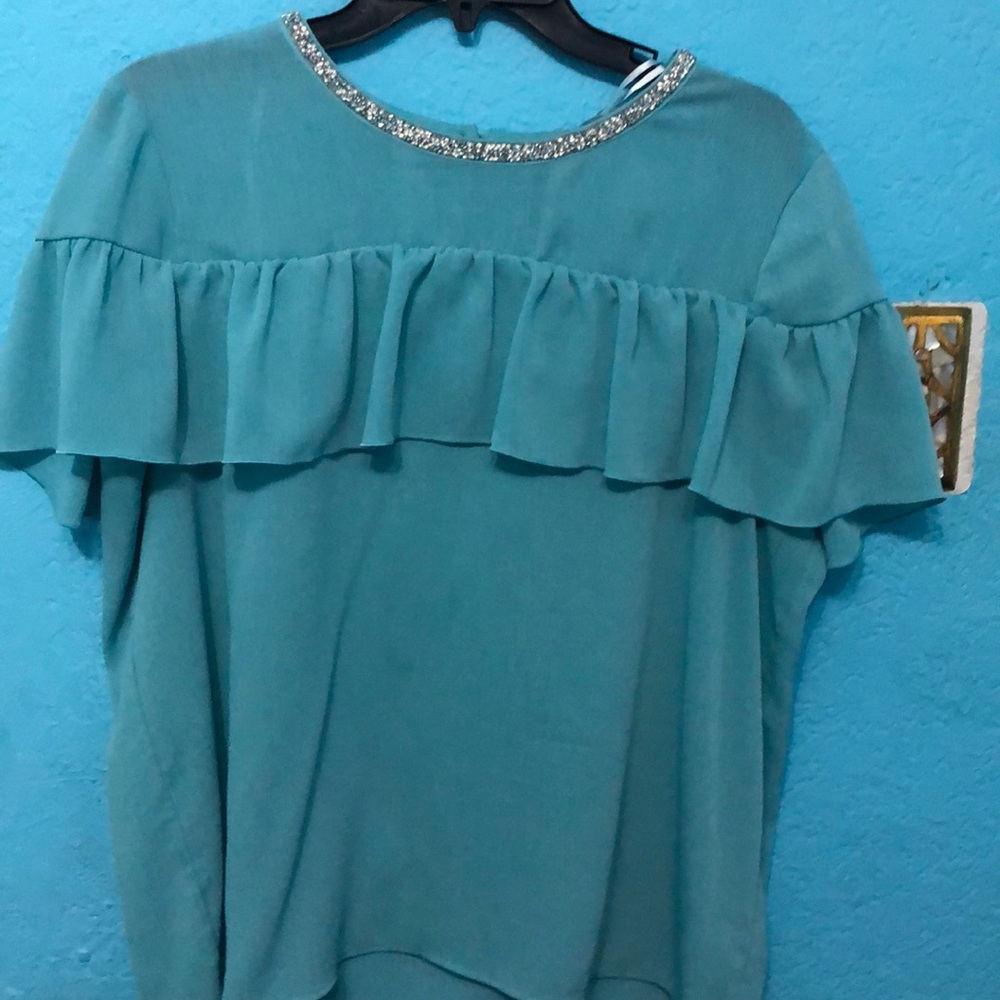 Turquoise rhinestone neck blouse